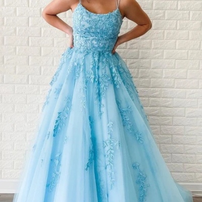 New style amazing light blue prom dress with lace, graduation school party gown - Thumbnail 3
