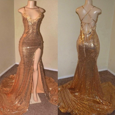 Sexy v neck backless gold sequin spaghetti-straps prom dresses with slit  - Thumbnail 2