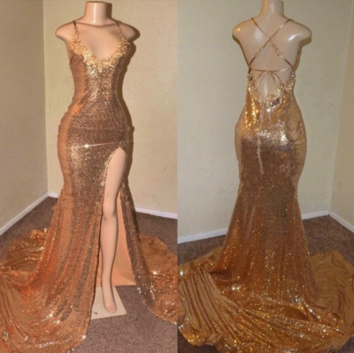 Sexy V Neck Backless Gold Sequin Spaghetti-Straps Prom Dresses With Slit 