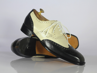 Men's Wing Tip Shoes, Men's Off White Black Leather Lace Up Shoes.