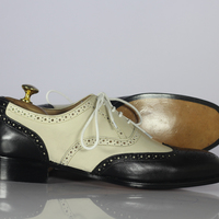 Men's Wing Tip Shoes, Men's Off White Black Leather Lace Up Shoes. - Thumbnail 3