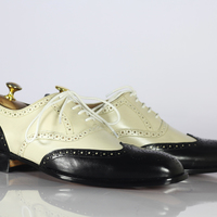 Men's Wing Tip Shoes, Men's Off White Black Leather Lace Up Shoes. - Thumbnail 2