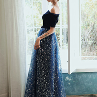 Blue tulle sequins long prom dress formal dress - Thumbnail 1