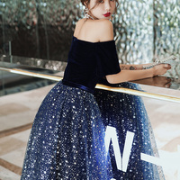 Blue tulle sequins long prom dress formal dress - Thumbnail 2