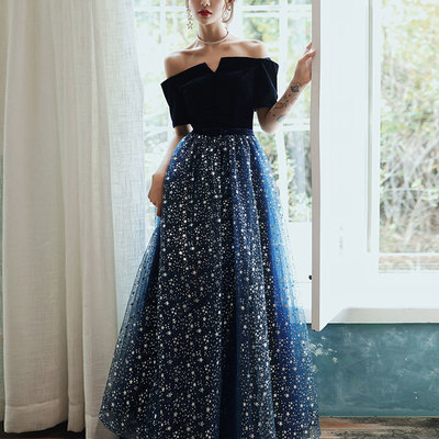 Blue tulle sequins long prom dress formal dress - Thumbnail 3