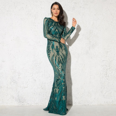Beautiful o neck sequined lace long dress - Thumbnail 4