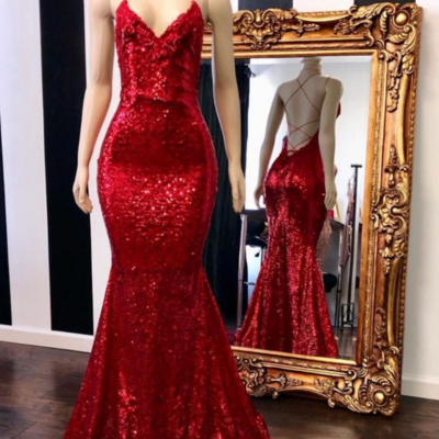 Spaghetti straps mermaid sexy red sequin prom dresses - Thumbnail 5