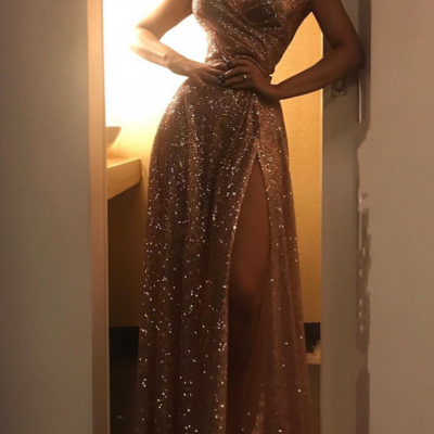 Off-the-shoulder sparkly gold sequin long prom dresses - Thumbnail 4