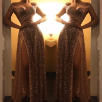 Off-the-Shoulder Sparkly Gold Sequin Long Prom Dresses - Thumbnail 1