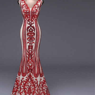 Elegant red sequined long prom dress evening gown