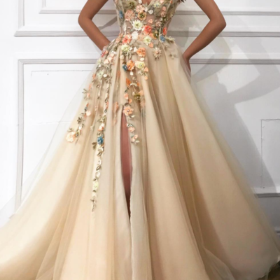 Beautiful one shoulder a line tulle prom dresses with flowers - Thumbnail 3