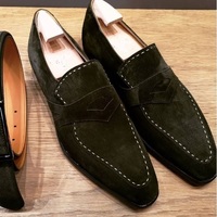 Handmade Olive Green Suede Men's Slip ons Penny Loafers loafers Shoes For Men's - Thumbnail 1