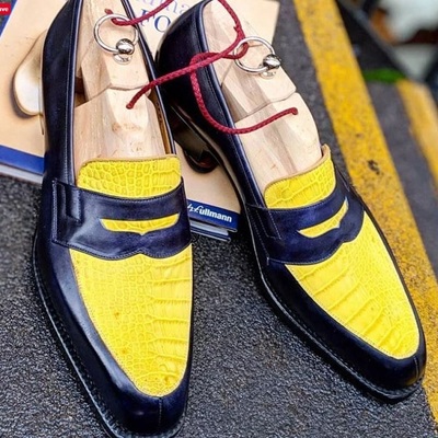 Handmade yellow & navy blue pebbled and alligator leather men's penny loafers shoes