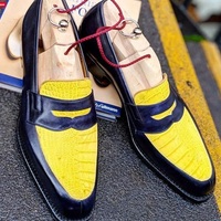 Handmade Yellow & Navy Blue Pebbled And Alligator Leather Men's Penny loafers Shoes - Thumbnail 1