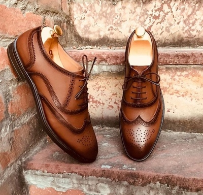 Handmade Wing Tip Lace Up Type Brown Brogue Leather Stylish Shoes Men's