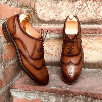 Handmade Wing Tip Lace Up Type Brown Brogue Leather Stylish Shoes Men's - Thumbnail 4