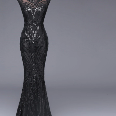 Elegant long black sequined evening dress - Thumbnail 5