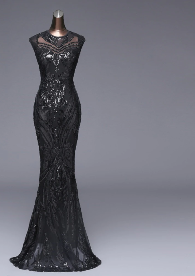 Elegant Long Black Sequined Evening Dress