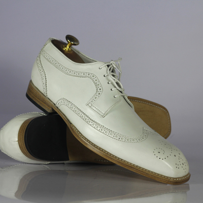 Men's wing tip shoes, men's white leather shoes. - Thumbnail 2