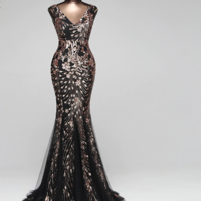 Black v neck sequined mermaid evening dress - Thumbnail 3