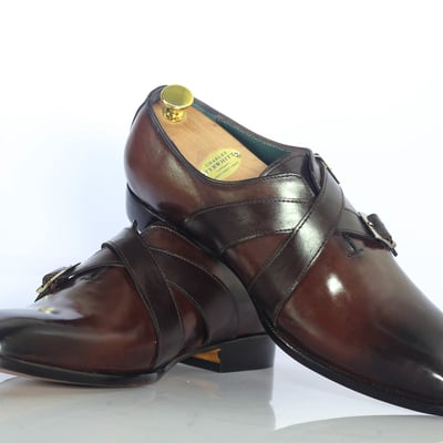 Men's brown double monk leather shoes. - Thumbnail 3