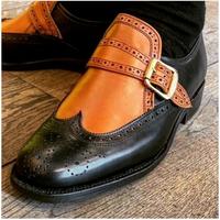 Handmade Wing Tip Brogue Monk Strap Type Tan Black Leather Stylish Shoes Men's - Thumbnail 4