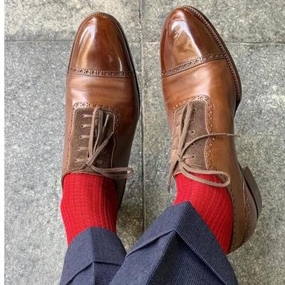 Handmade cap toe brogue lace up type brown leather suede stylish shoes men's