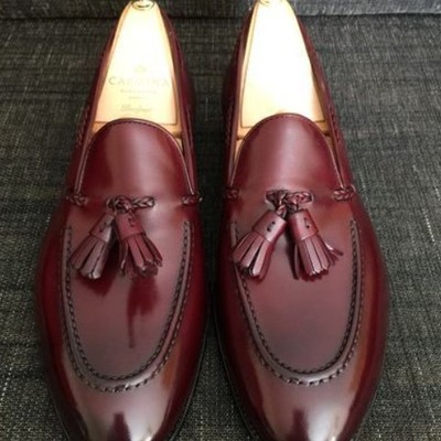 New burgundy leather tassels loafer handmade shoes
