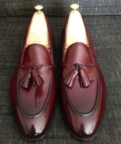 New Burgundy Leather Tassels Loafer Handmade Shoes