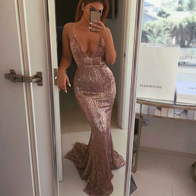 Open Back Sexy Sequined Long Party Dress in Silver and Gold