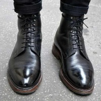 Handmade Men Black leather ankle boots, Men lace up boots, Men Cap toe boots - Thumbnail 4