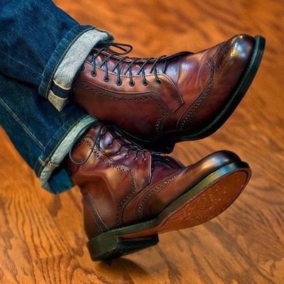 Handmade men tan brown leather ankle boots, men lace up boots, men cap toe boots - Thumbnail 2