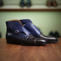 Handmade men black blue boots, double monk strap boot, men leather boots formal dress - Thumbnail 4