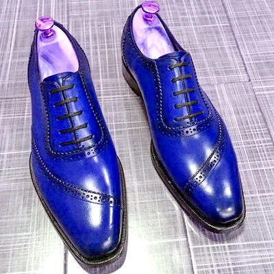 Men's blue oxford whole cut lace up luxury genuine leather formal dress shoes