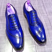 Men's Blue Oxford Whole Cut Lace Up Luxury Genuine Leather Formal Dress Shoes - Thumbnail 1
