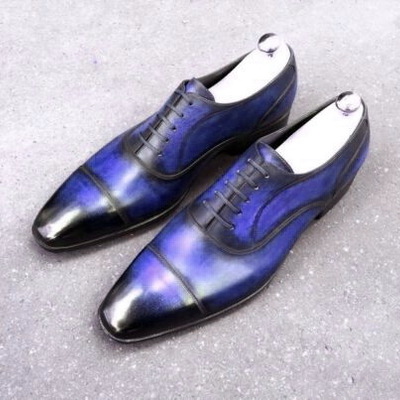 Men blue black oxford derby cap toe laceup vintage leather handmade dress shoes