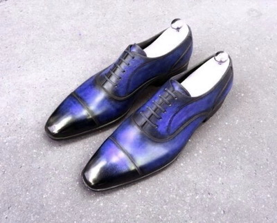 Men Blue Black Oxford Derby Cap Toe Laceup Vintage Leather Handmade Dress Shoes