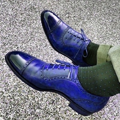 Made to order men's blue oxford derby cap toe laces real leather dress shoes