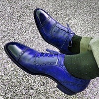 Made To Order Men's Blue Oxford Derby Cap Toe Laces Real Leather Dress Shoes - Thumbnail 4