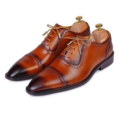 Men's two tone brown burnished cap toe handcrafted vintage leather lace up shoes