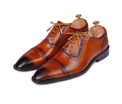 Men's Two Tone Brown Burnished Cap Toe Handcrafted Vintage Leather Lace up Shoes
