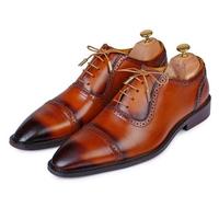 Men's Two Tone Brown Burnished Cap Toe Handcrafted Vintage Leather Lace up Shoes - Thumbnail 4
