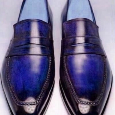 Two tone blue black loafer moccasin slip on vintage leather luxury men's shoes