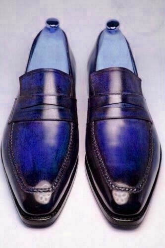 Two Tone Blue Black Loafer Moccasin Slip On Vintage Leather Luxury Men's Shoes