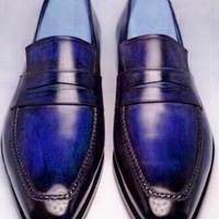 Two Tone Blue Black Loafer Moccasin Slip On Vintage Leather Luxury Men's Shoes - Thumbnail 1