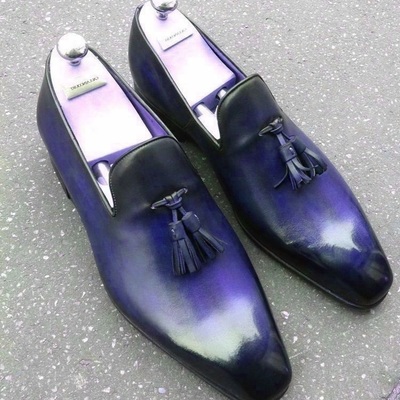 Loafer tassels slip on blue burnished leather handmade men luxury dress shoes