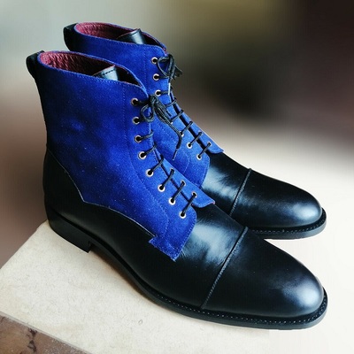 Superior leather black blue rounded cap toe tansole high ankle vintage men boots - Thumbnail 2
