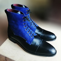 Superior Leather Black Blue Rounded Cap Toe TanSole High Ankle Vintage Men Boots - Thumbnail 1