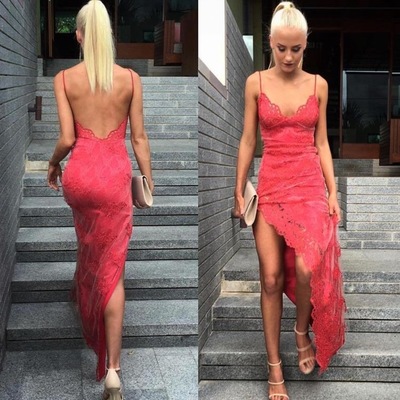 Spaghetti straps lace prom dresses with slit side - Thumbnail 5