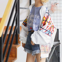 Graffiti Letters Embroidery Patchwork Color Block Coat - Thumbnail 1